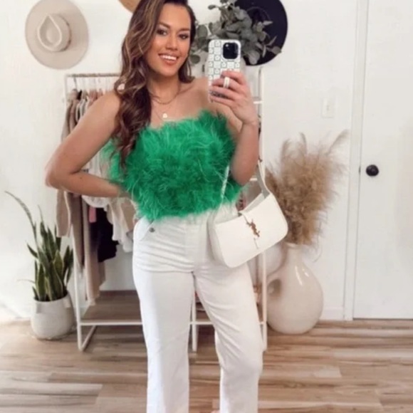 Buddy Love- SZ S Green Fancy Strapless Feather Crop Top - Picture 9 of 9